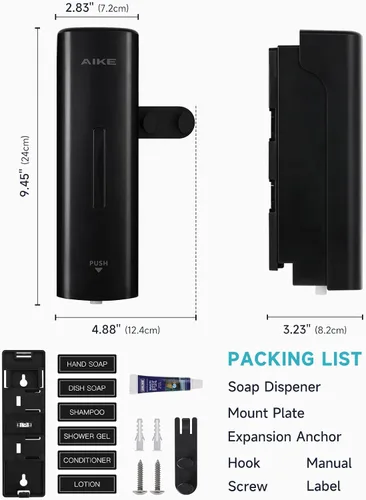 Vista 9 de AIKE EasyPush - Dispensador de jabón líquido para montaje en pared Negro