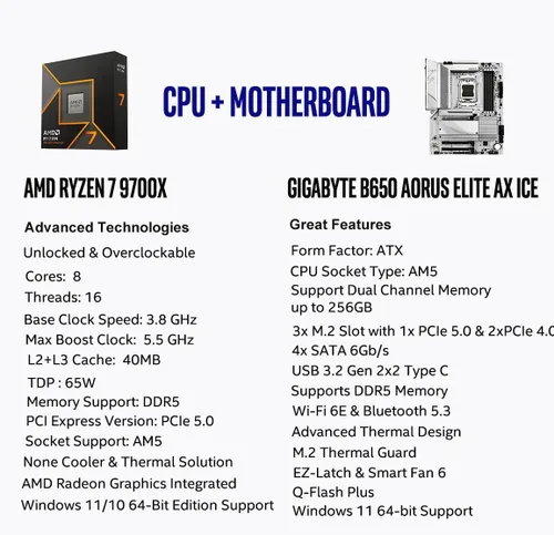 Vista 2 de AMD 7700X Processor with GIGABYTE B650 AORUS Elite AX ICE Motherboard Combo AMD Ryzen 7 9700X+ GIGABYTE B650 A Elite AX ICE