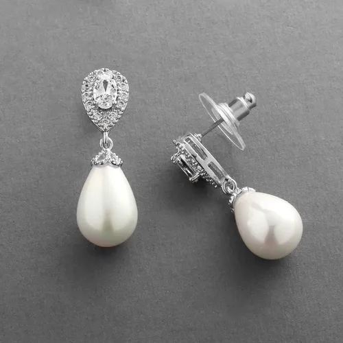 Vista 5 de Mariell aretes de boda de circonia cúbica con forma de pera para novias con perlas crema suave