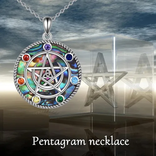 Vista 25 de LUHE Collar de plata de ley con dije de pentagrama de chakras y luna, pentáculo, celta, pagano, wiccano, amuleto mágico para mujeres, adolescentes
