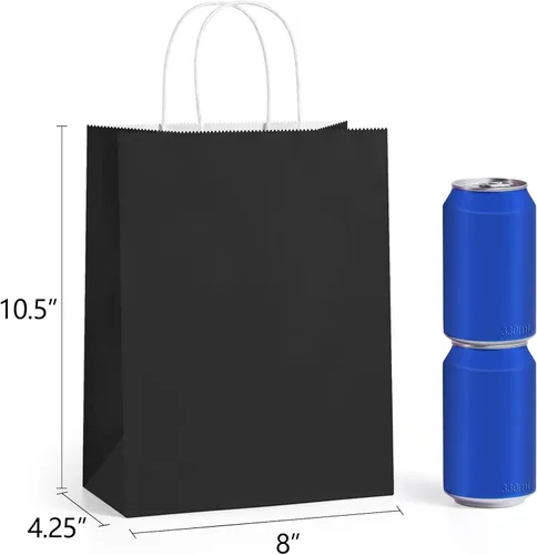 Vista 2 de BagDream Bolsas de regalo negras de 8 x 4.25 x 10.5 pulgadas, 100 bolsas de papel kraft con asas a granel para bodas, recuerdos de fiesta