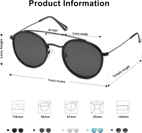 Vista 3 de SOJOS Retro Round Double Bridge Polarized Sunglasses for Women Men Twin Beams Circular UV400 Sunnies