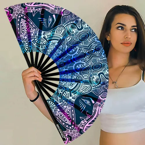 Vista 3 de Ventilador de mano plegable de bambú para hombres y mujeres, ventilador de mano para EDM, festival de música, club, extraño, evento, fiesta, baile