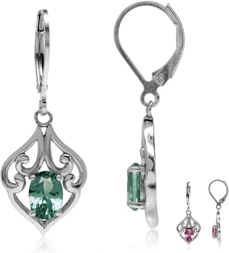 Vista 12 de Silvershake Aretes colgantes de plata de ley 925 chapados en oro blanco o amarillo con piedra natal ovalada de 0.276 x 0.197 in, estilo victoriano