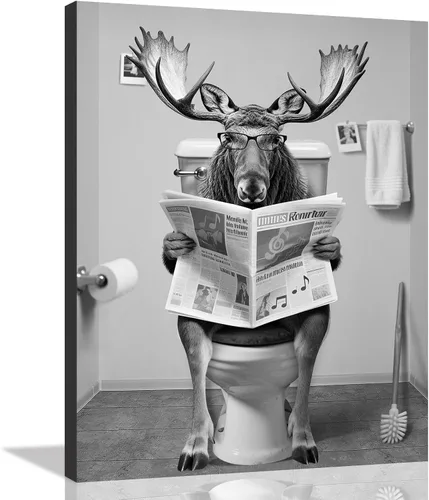 Vista 13 de Decoración de Arte de Pared en Blanco y Negro – Oso con Gafas Sentado en el Inodoro Leyendo Periódico, Impresiones en Lienzo, Imágenes de Animales