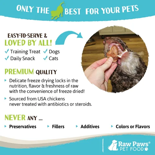 Vista 5 de Raw Paws Corazones de pollo liofilizados enteros para perros y gatos, 4 onzas enteras - Hecho en Estados Unidos - Golosinas de pollo liofilizadas