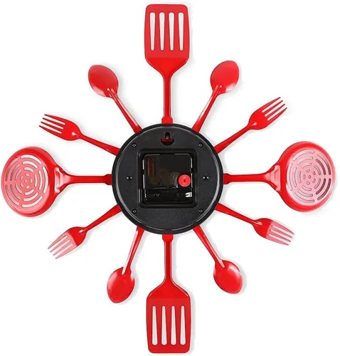 Vista 2 de Herich - Reloj de pared de cocina de 16 pulgadas con cucharas y tenedores, reloj de pared 3D para decoración del hogar (rojo)