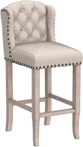 Vista 4 de Juego de 2 taburetes de bar clásicos de lino de 30 pulgadas, sillas de bar altas con respaldo copetudo con botones con patas de madera maciza Beige