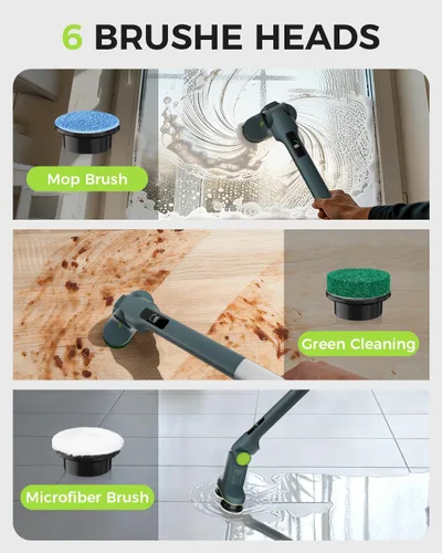 Vista 8 de Limpiador eléctrico giratorio inalámbrico de doble cepillo, IPX7, impermeable, para baño, mango extensible con pantalla digital, 2 velocidades, 6