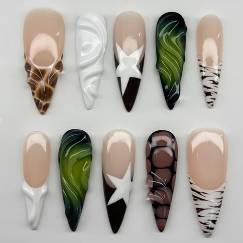 Vista 12 de BABALAL Uñas postizas largas a presión de estilo stiletto, uñas postizas francesas de lujo, con pegamento, diseño de diamantes de imitación