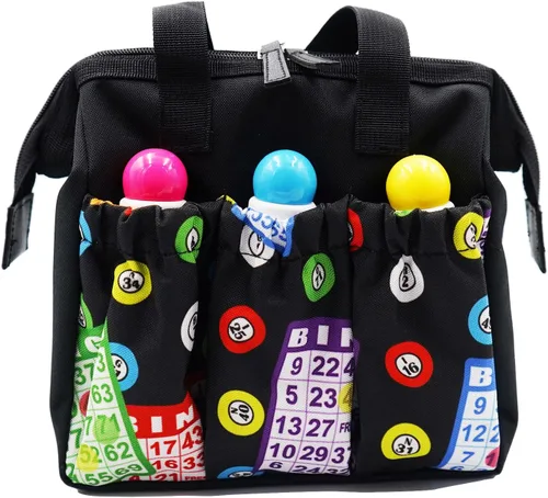 Vista 2 de Yuanhe Bingo Dauber Tote Bag - Bolsa de 6 bolsillos con patrón de bingo, Negro -, Bolso