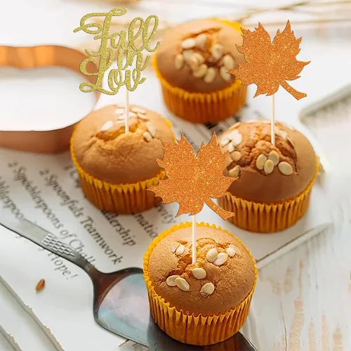 Vista 6 de Rsstarxi Paquete de 24 adornos para cupcakes con purpurina de otoño de hojas de arce de otoño, palillos para cupcakes, decoración de pasteles