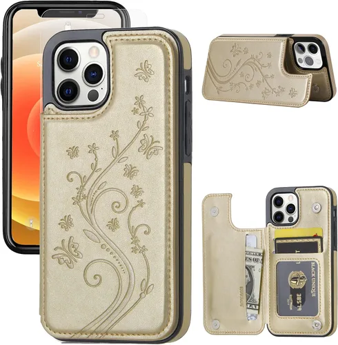Vista 20 de Funda tipo cartera compatible con iPhone 12 Pro/12, funda protectora delgada con tarjetero, funda premium de cuero sintético con función atril