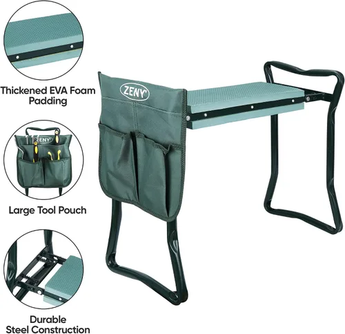 Vista 4 de ZENY Asiento plegable para jardín, asientos de trabajo de jardinería, banco de jardín portátil con almohadilla de espuma gruesa y bolsa