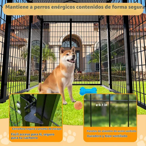 Vista 4 de Perrera grande para perros con techo, recinto resistente para perros para interiores y exteriores con funda extraíble, corralitos para perros