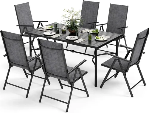 Vista 9 de MIXPATIO Juego de comedor de patio de 7 piezas, juego de muebles para exteriores con mesa de comedor rectangular de metal con revestimiento Negro