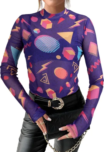 Vista 6 de Camisa de manga larga de malla de los años 80 y 90 para mujer, trajes de fiesta temática de los años 90 y 80, trajes retro sexy de neón con cuello