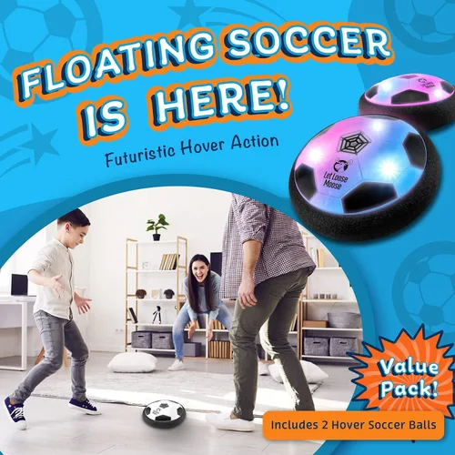 Vista 2 de Let Loose Moose Hover Balón de fútbol, juego de 2 juguetes de fútbol LED, regalos para niños de 8 años, fútbol flotante LED para interiores