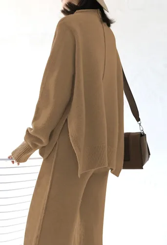 Vista 5 de HUUSA Conjunto deportivo de 2 piezas para mujer, manga larga, cuello alto, suéter de punto, sin botones, cintura alta, piernas anchas, conjunto