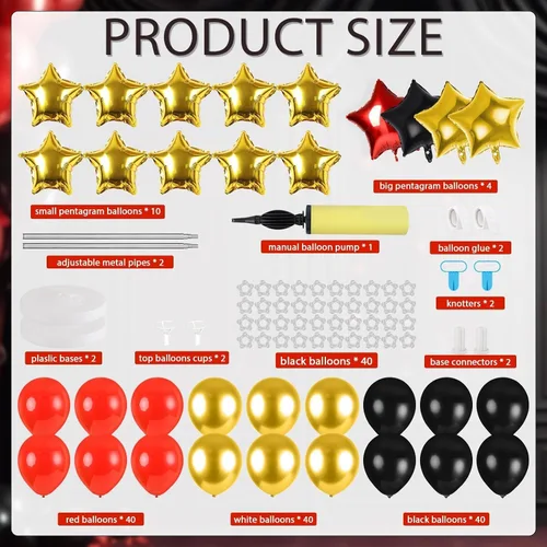 Vista 3 de 2 juegos de globos negros dorados y rojos, kits de soporte de columna de globos ajustables con 4 estrellas, guirnalda de noche de película, globos