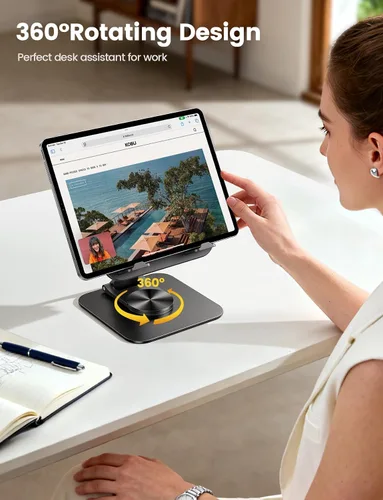 Vista 2 de Lamicall Soporte ajustable para iPad para escritorio, plegable, ultradelgado, rotación de 360°, soporte para tablet con base resistente, soporte