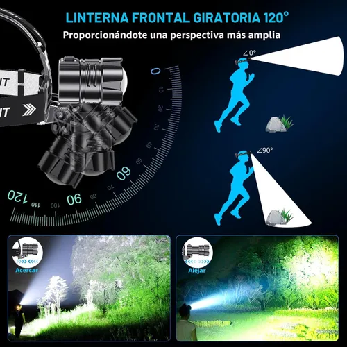 Vista 6 de Sinvimes Linterna frontal recargable LED de 4000 lúmenes altos, lámpara de cabeza de batería de larga duración de 95 horas con 5 modos e