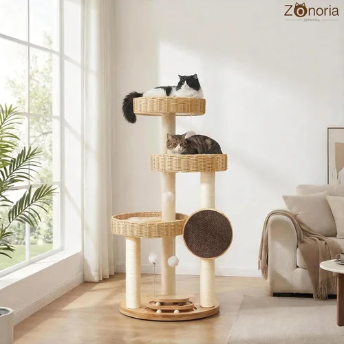 Vista 2 de Árbol de madera maciza para gatos grandes, torre moderna para gatos de 48 pulgadas con cestas tejidas a mano, condominio para gatos de varios