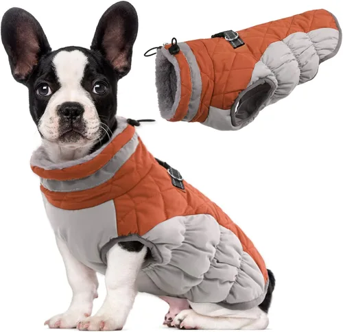 Vista 34 de Lelepet Abrigo cálido para perro, abrigo de invierno para perro, chaqueta impermeable para perros con arnés integrado reflectante de forro polar