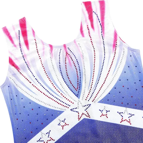 Vista 4 de Leotardo para gimnasia artística, deportivo, brillante, con bandera de Estados Unidos, rojo, blanco y azul para niña