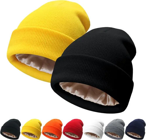Vista 15 de NPQQUAN 2 PCS Satin Lined Beanie for Women Silk Lined Beanies Winter Warm Soft Lining Cuffed Knit Beanie Hats for Women
