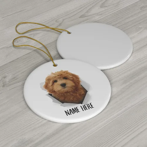 Vista 3 de Goldendoodle - Adornos para árbol de Navidad con nombre, color rojo y dorado
