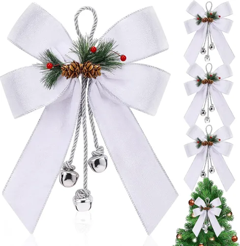 Vista 10 de Yinkin Corona de Árbol de Navidad Lazo Lazos de Cinta de Navidad con Campanas 11 x 7.8 pulgadas Terciopelo Cono de Pino Lazo Adornos Colgantes