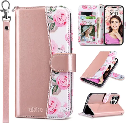 Vista 28 de ULAK Funda tipo cartera compatible con iPhone 15 Pro con tarjetero y diseño de flores, para mujeres y niñas, piel sintética, con función atril