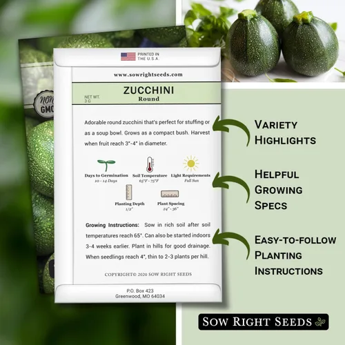 Vista 2 de Sow Right Seeds - Semilla redonda de calabacín para plantar - Paquete de reliquia sin OMG con instrucciones para plantar un huerto casero - Calabaza
