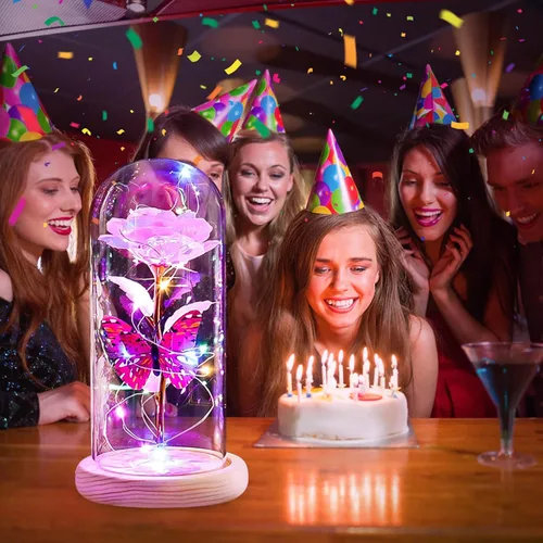 Vista 7 de Beferr Regalos de cumpleaños para mujeres, rosa de cristal de galaxia, flores preservadas para siempre, rosa iluminada en cúpula de cristal, Día