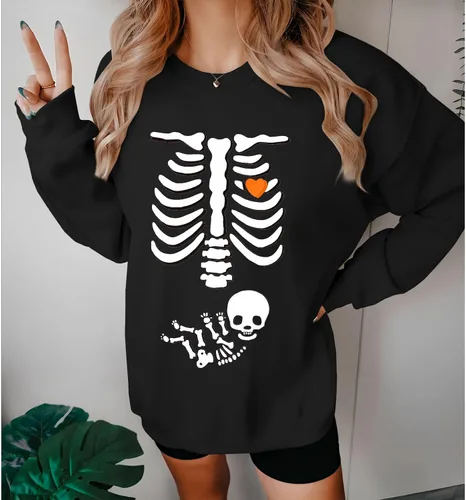 Vista 3 de Sudadera de esqueleto de rayos X para mujer, sudadera de maternidad de Halloween, cuello redondo, sin botones, para anuncio de embarazo