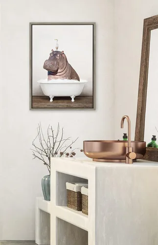 Vista 3 de Kate and Laurel Sylvie Hipopótamo y pájaro en baño rústico enmarcado por Amy Peterson Art Studio; 18 x 24 gris; arte de pared decorativo moderno