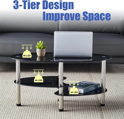 Vista 3 de Mesa de té de vidrio ovalada para oficina, mesa de centro moderna de 3 niveles, mesa auxiliar para sala de estar (negro)