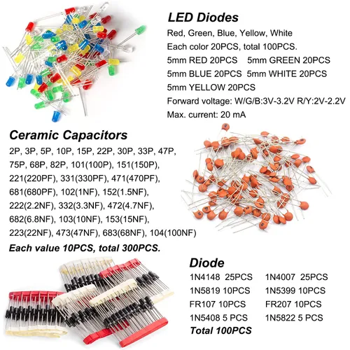 Vista 5 de Kit de 1400 piezas de componentes electrónicos básicos, condensador electrolítico, condensador cerámico, diodo LED, diodo común, resistencia