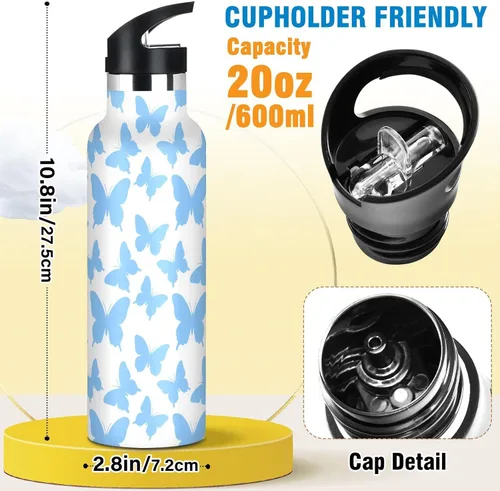 Vista 2 de BPA-Free Leak Proof Sports Water Bottle with Straw Lid Fashion Blue Butterfly White Vacuum Insulated for Travel and Sports botellas de acero