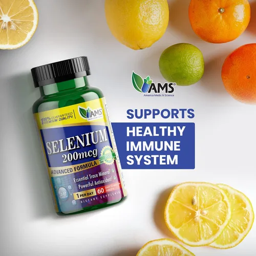 Vista 3 de America Medic & Science Selenio 200 mcg (1 paquete de 60 tabletas) Suplemento dietético puro para hombres y mujeres, mineral traza esencial