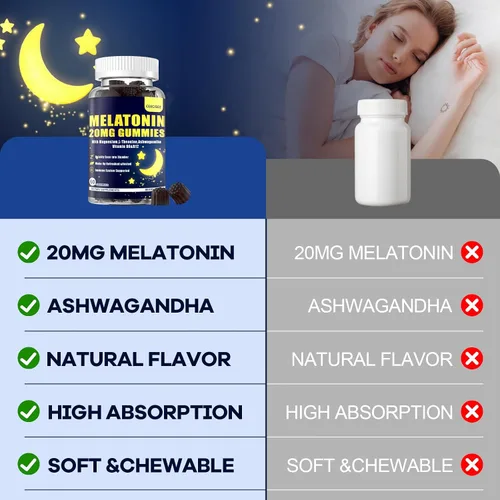 Vista 6 de Gomitas de melatonina de 20 mg para adultos: suplemento de melatonina sin azúcar extra fuerte con Ashwagandha L-teanina magnesio cúrcuma vitamina D3