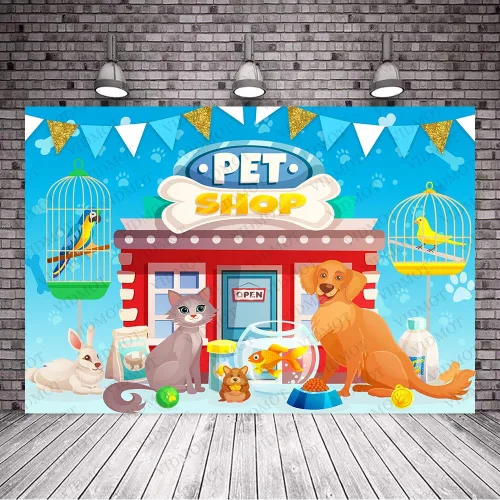 Vista 2 de Fondo de animales de perro y gato de 7 x 5 pies, fondo de tienda de mascotas de dibujos animados para baby shower, fiesta de cumpleaños, decoración