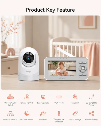 Vista 9 de Simyke Monitor de video para bebés con cámara, pantalla IPS de 4", 720P