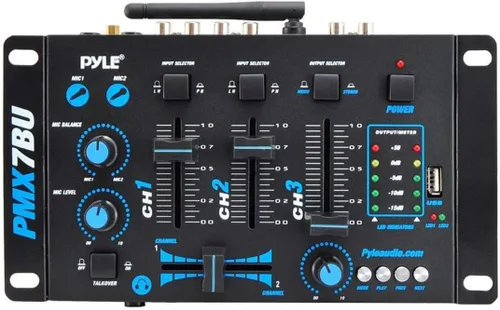 Vista 5 de Mezclador de audio DJ inalámbrico Pyle - Mezclador de sonido con controlador DJ compatible con Bluetooth de 3 canales, Mic-Talkover, lector USB