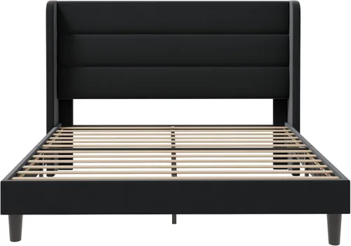 Vista 8 de SHA CERLIN - Base de cama tamaño Full con cabecera tapizada en terciopelo y diseño acanalado vertical; plataforma de cama tapizada con listones