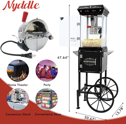 Vista 4 de Máquina para hacer palomitas de maíz Nyddle con hervidor de 8 onzas, fabrica hasta 32 tazas, máquina para palomitas en carrito, estilo vintage