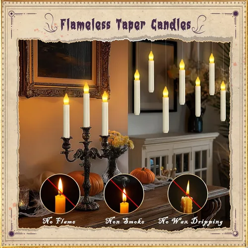 Vista 7 de Homemory Vela Flotante con Control Remoto de Varita, 12 Piezas Candelabros Mágicos Decoraciones de Bruja, Velas Cónicas Amarillas Cálidas Sin Llama