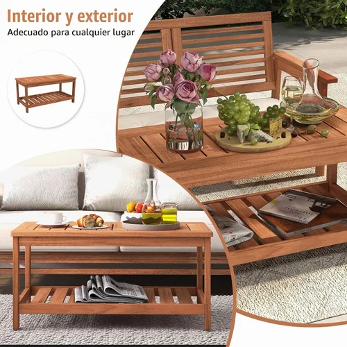 Vista 7 de Tangkula Mesa de centro de madera para exteriores, mesa de centro de patio de 2 niveles con mesa de madera dura de listones y estante