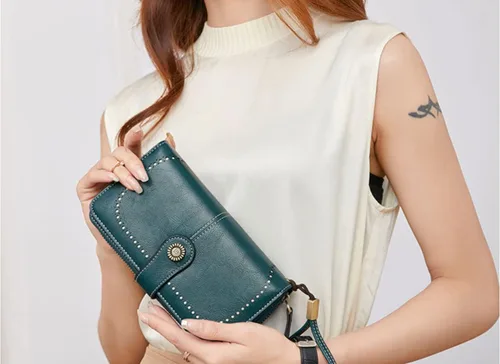 Vista 5 de BLONSO Cartera triple de piel para mujer con bloqueo RFID gran capacidad para mujer Azul Patchwork